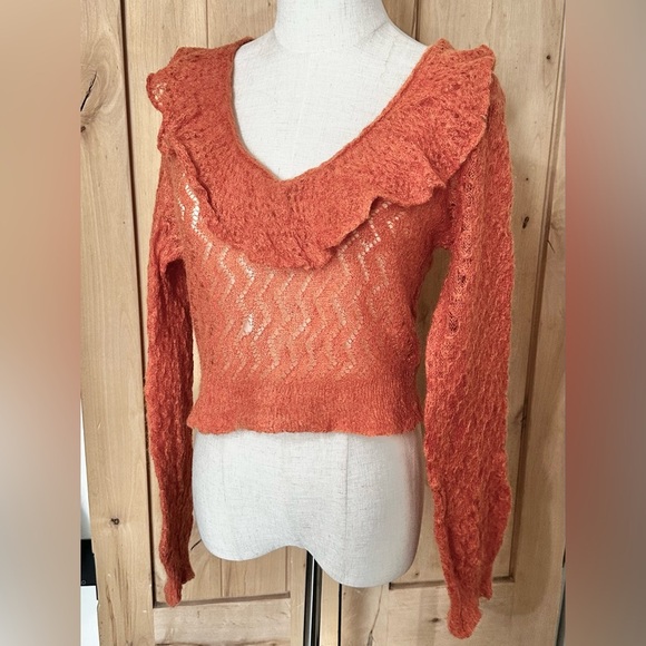 Free People Macaroon Ruffled Neck Knit Sweater Orange - Picture 2 of 6